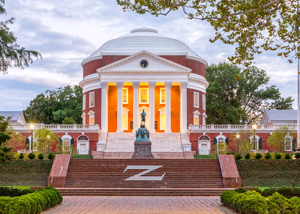 The Rotunda at the University of Virginia at dusk with Thomas Jefferson Statue in the foreground.