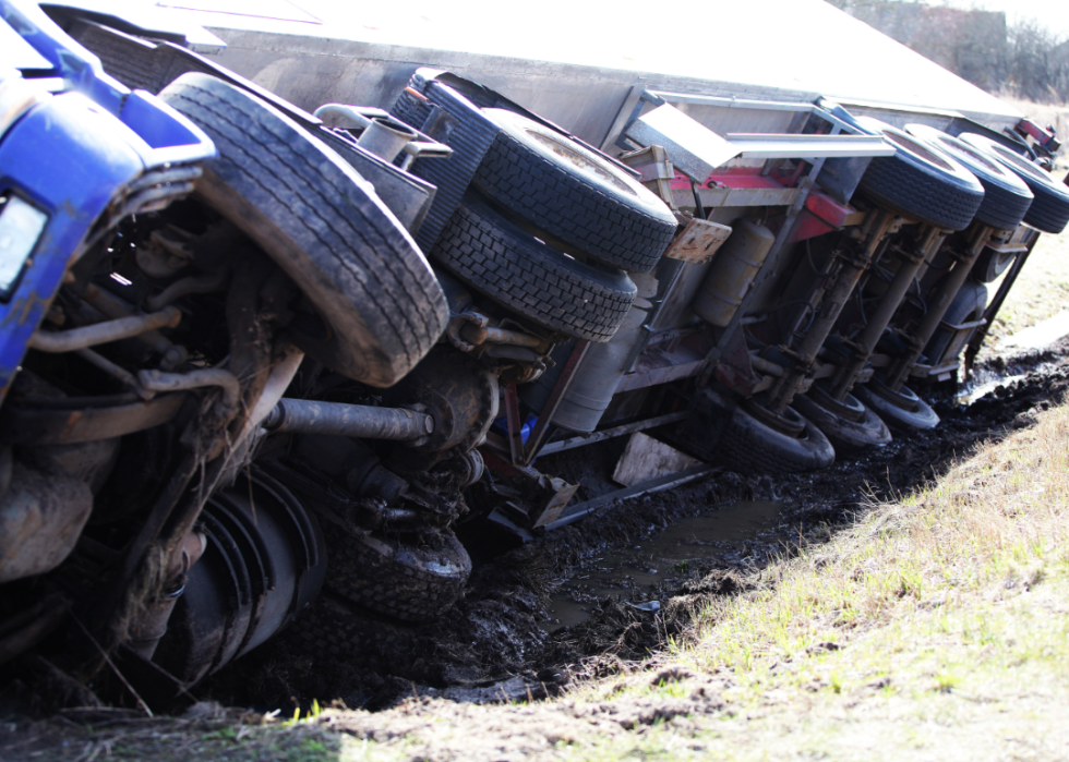 Semi-trailer truck crashed on a freeway