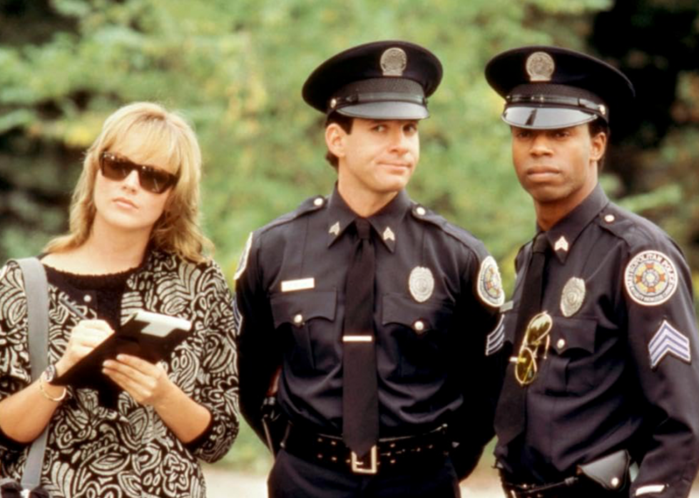 Sharon Stone, Steve Guttenberg, and Michael Winslow in ‘Police Academy 4: Citizens on Patrol’.