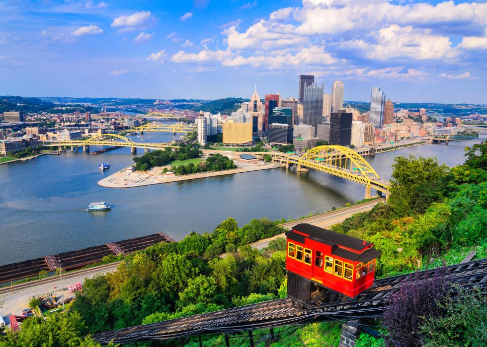 Aerial view Pittsburgh skyline.