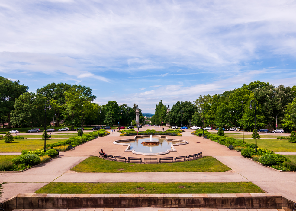 The gardens and fountain at the entrance to Highland Park.