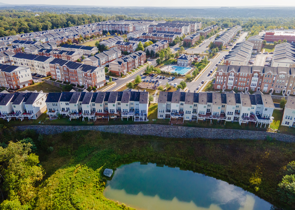 Aerial view of urban houses and streets in Loudoun County.