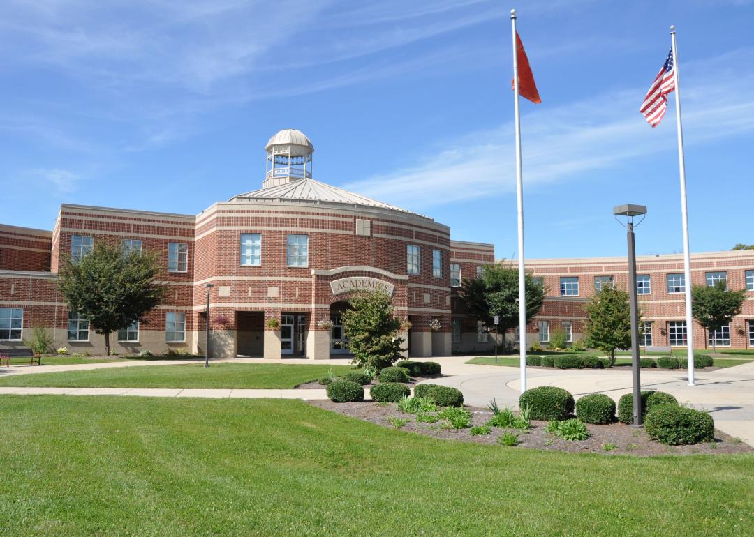 Exterior of American high school building.