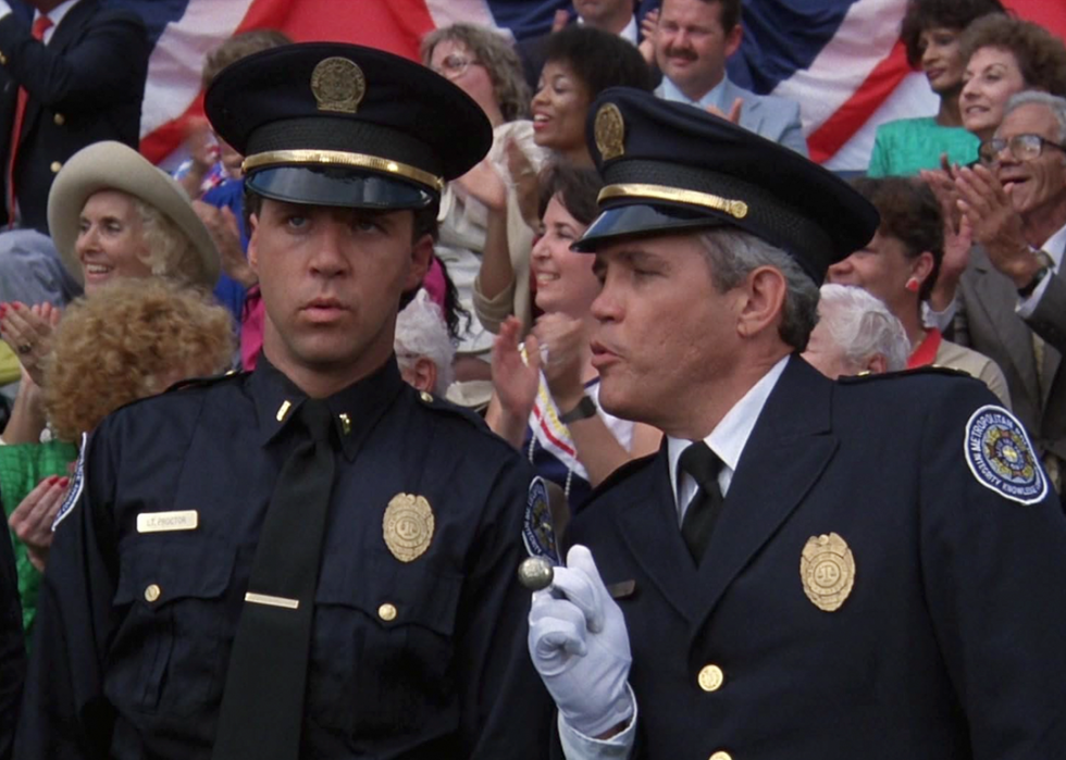 G.W. Bailey and Lance Kinsey in ‘Police Academy 5: Assignment: Miami Beach’.