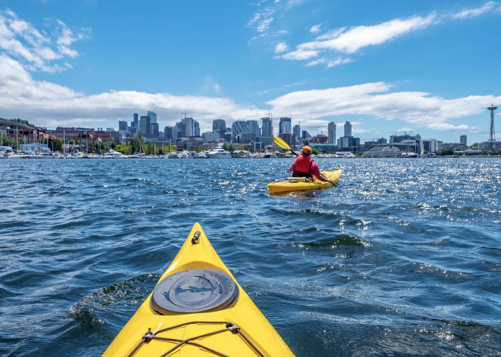 Kayakers on the Seattle waterfront.