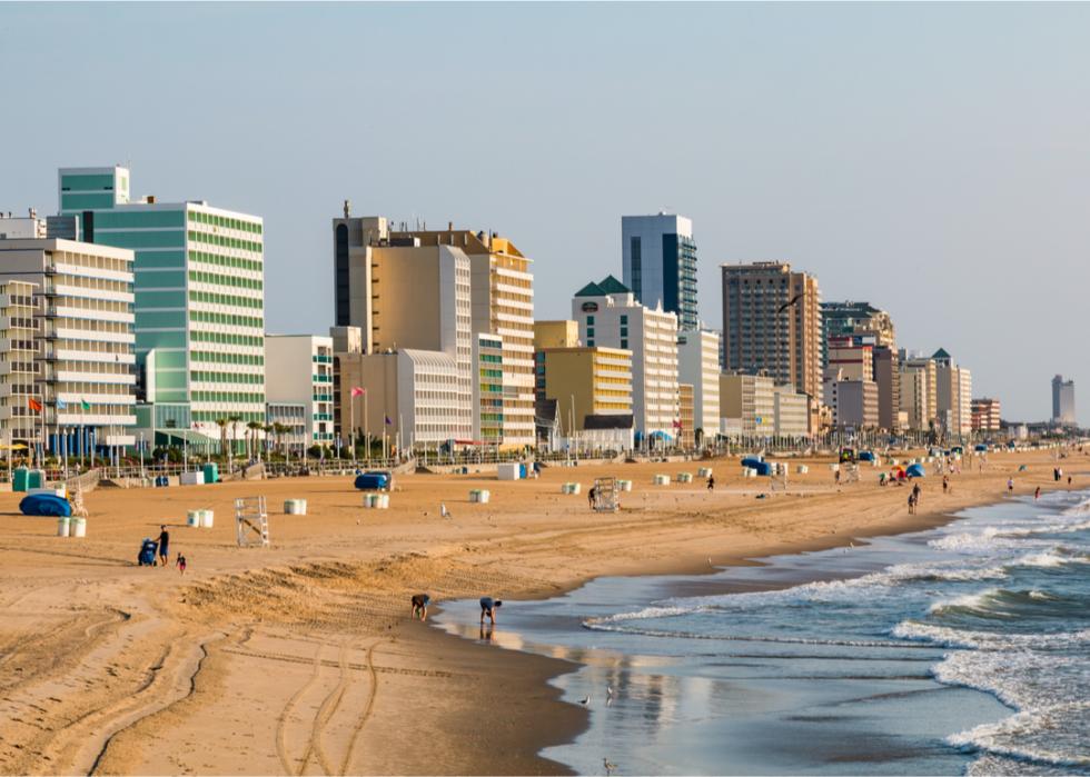 Summer view of beach and hotels in Virginia Beach.
