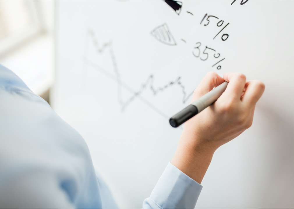 A hand writing out numbers on a whiteboard.