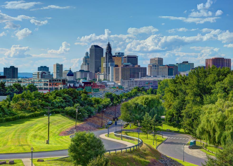 Skyline of downtown Hartford from above Charter Oak Landing.