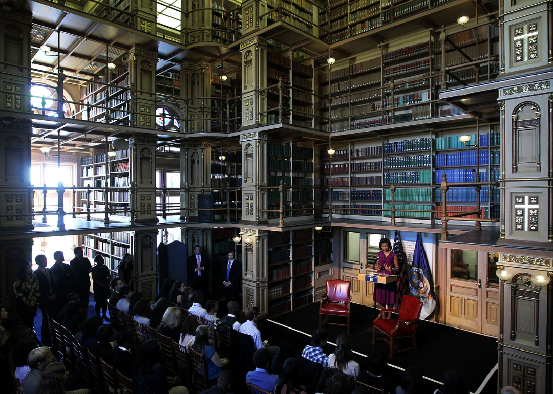Michelle Obama speaks to students at the Riggs Library of Georgetown University.