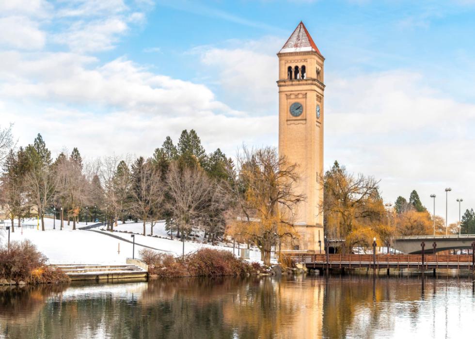 The Great Northern Clocktower and Riverfront Park with snowfall.