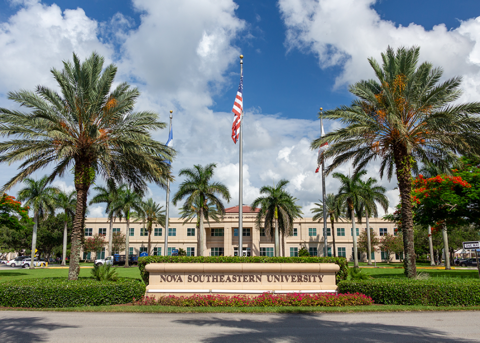 Main campus entrance sign with flag.