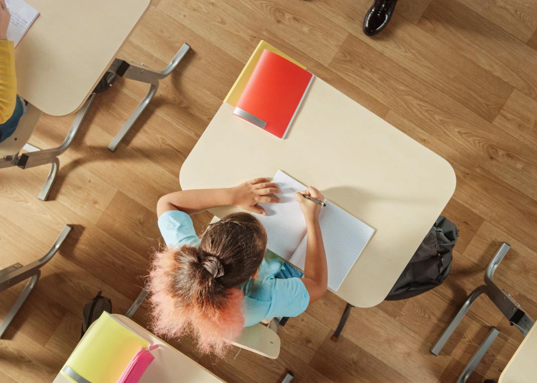 Top view of student at desk in school classroom.
