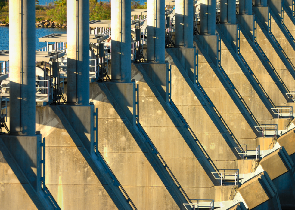 Detail of light on concrete dam structure.
