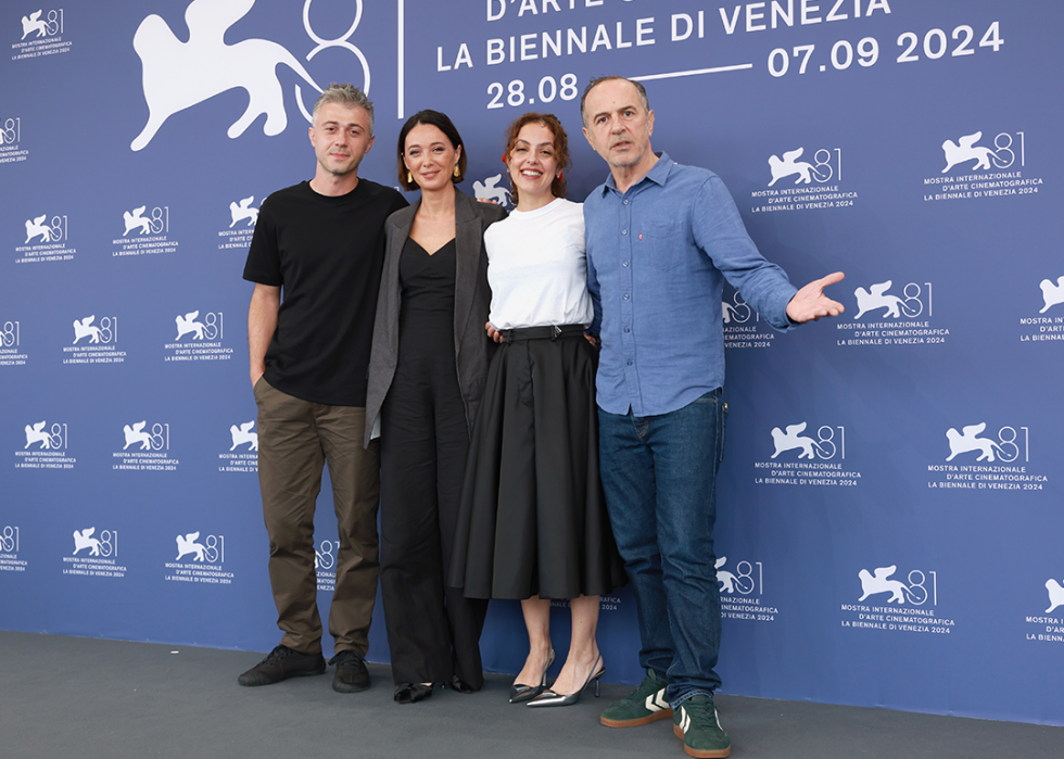 Kakha Kintsurashvili, Ia Sukhitashvili, Director Dea Kulumbegashvili and Merab Ninidze at Venice International Film Festival.