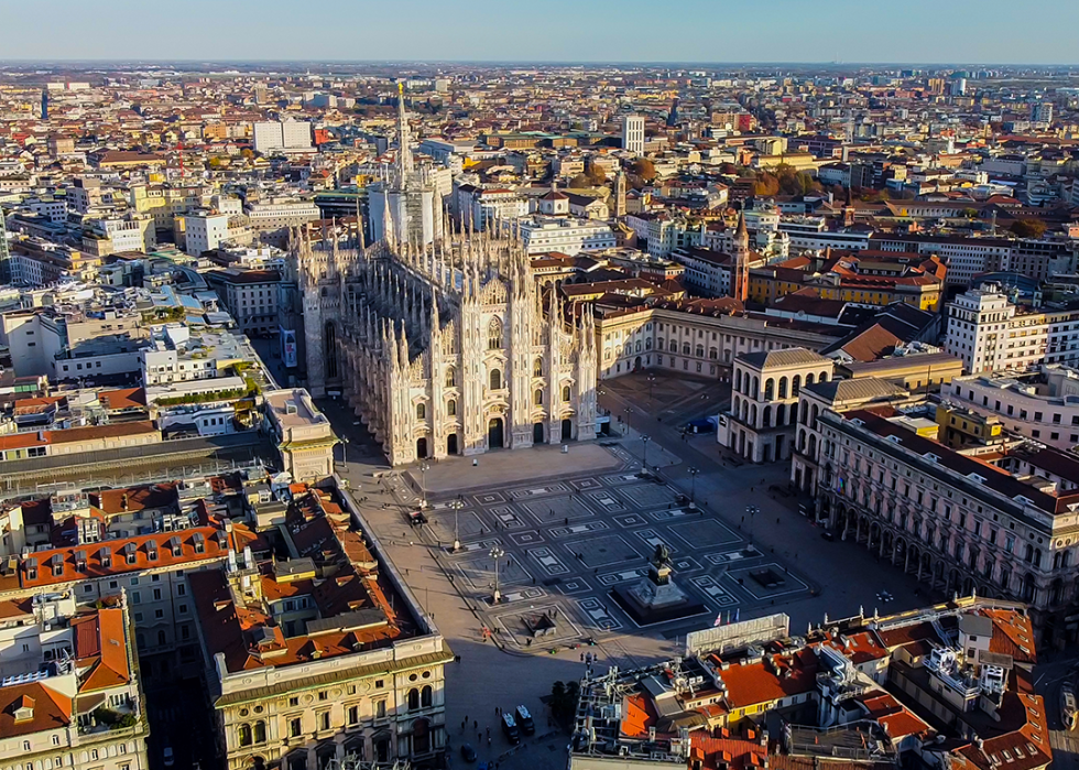 Aerial view of Piazza Duomo in Milan’s city center.