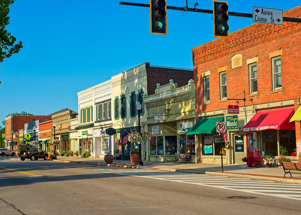 A view along North Main Street with shops, cafes, and businesses in Hudson.