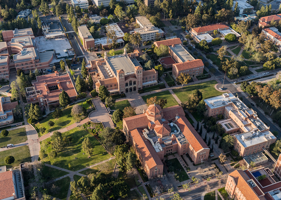 Afternoon aerial view of historic Royce Hall and campus quad buildings on the UCLA campus near Westwood.