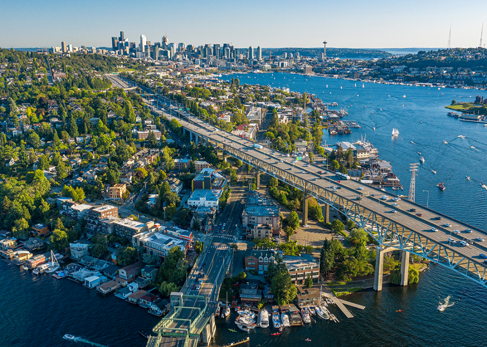 Aerial footage of the Seattle Skyline.