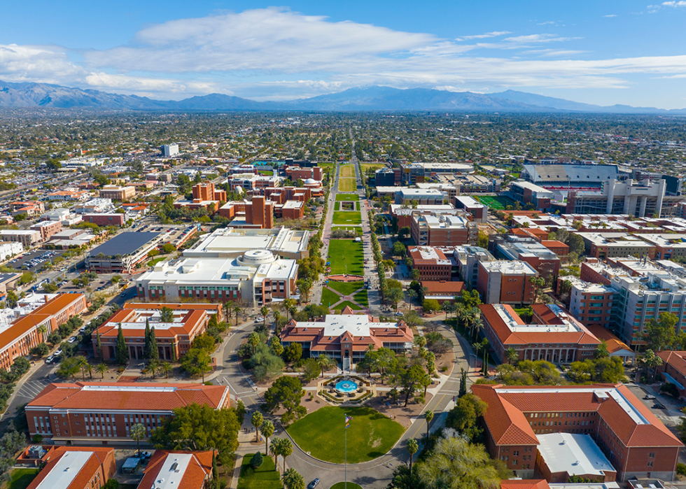 Aerial view of the campus including University Mall and Old Main Building.