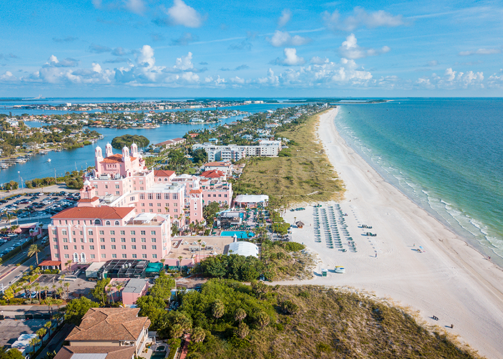 Aerial photo of hotels and resorts on St. Pete Beach.