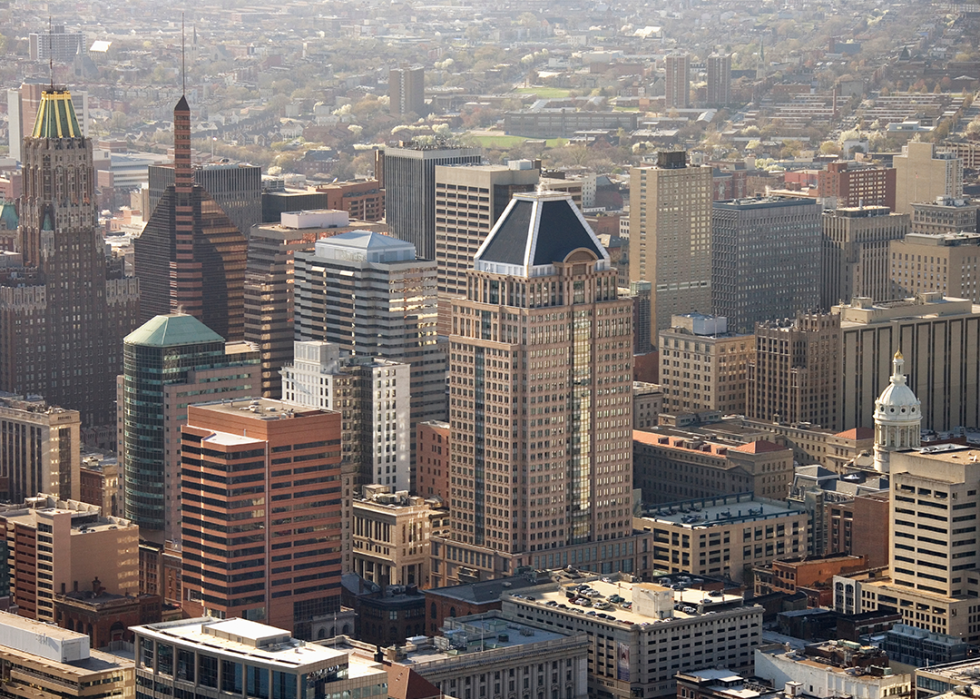 Aerial view of skyscrapers in Baltimore.