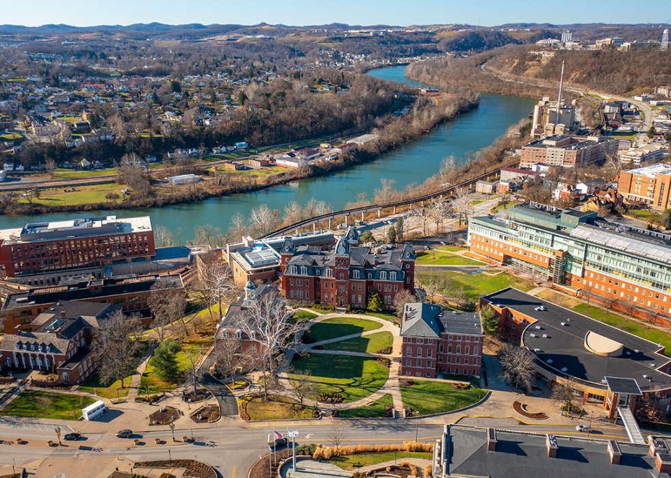Aerial view of downtown campus of WVU in Morgantown.