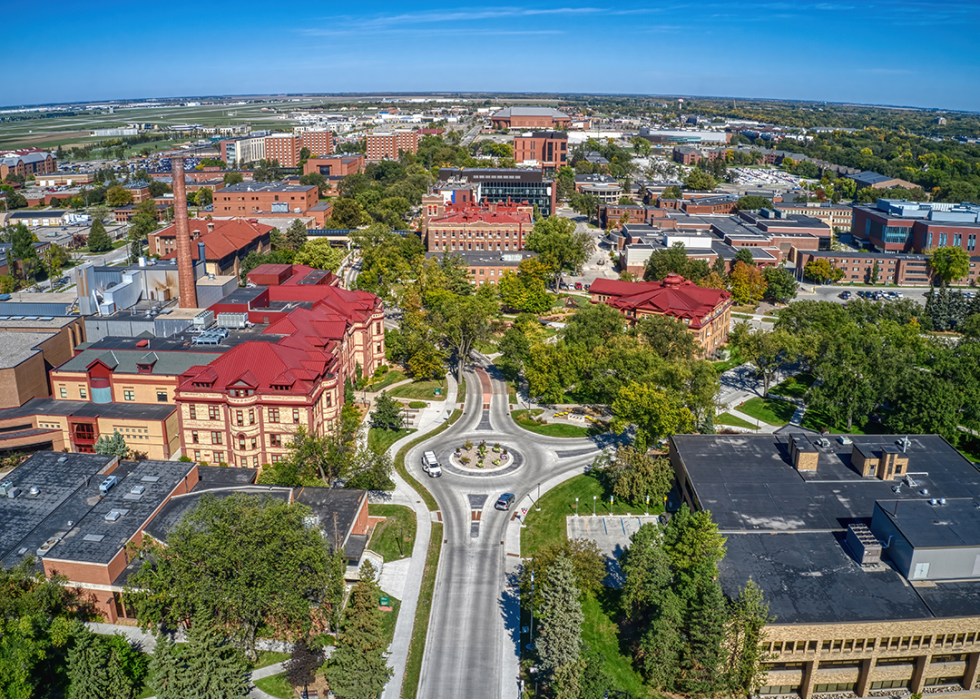 Aerial view of a large public university in Fargo.
