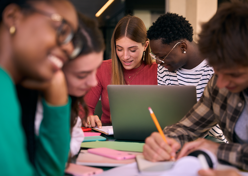 Group of students working on a project together at table.