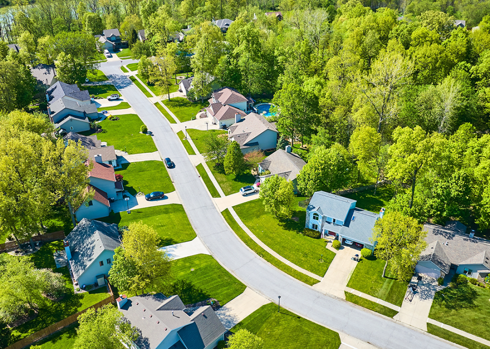 Aerial view of suburban neighborhood.