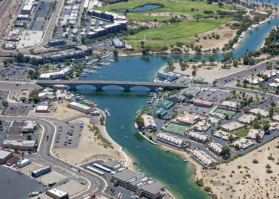 Lake Havasu with an aerial view of the city center and the London Bridge.