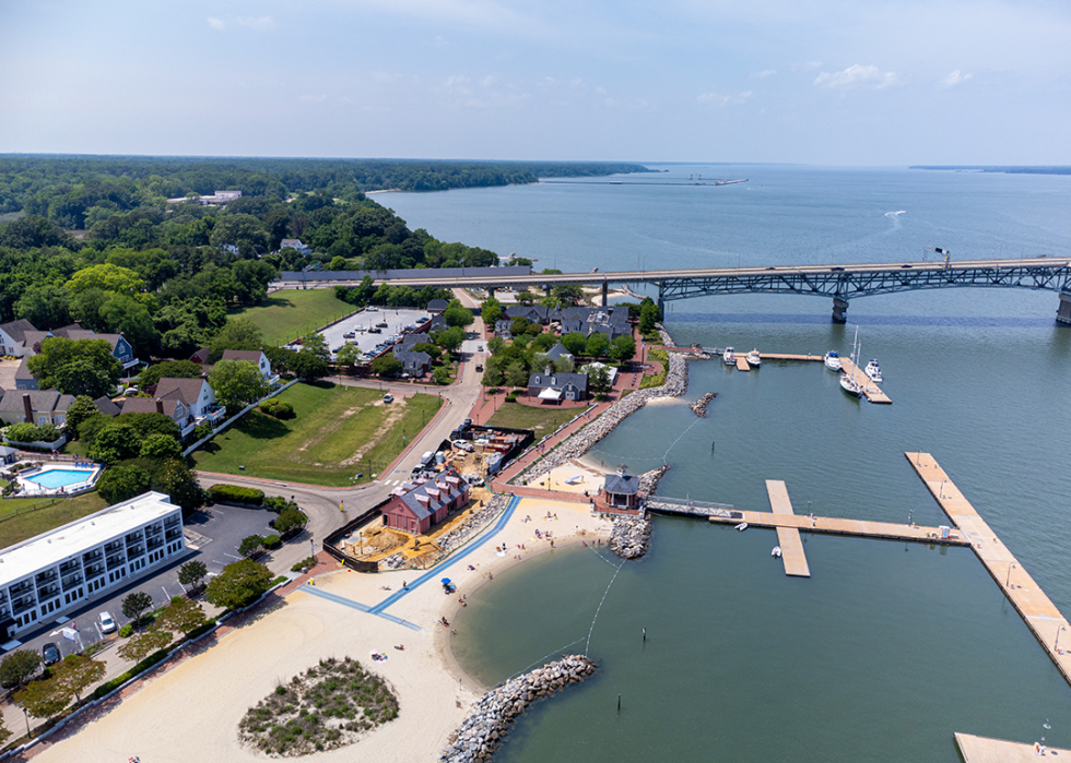Aerial view of downtown Yorktown, Virginia, with the Coleman Bridge.