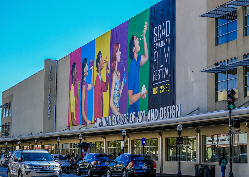 Savannah College of Art and Design building with banner for film festival.
