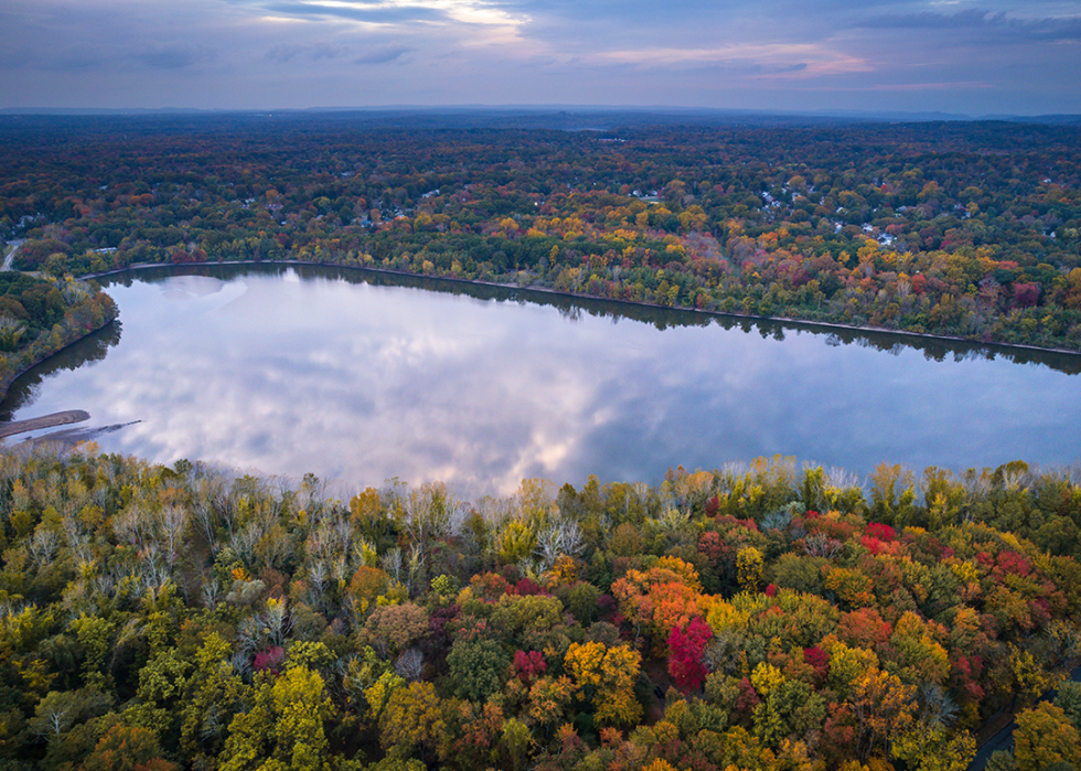 Aerial autumn sunset near Oradell Reservoir.