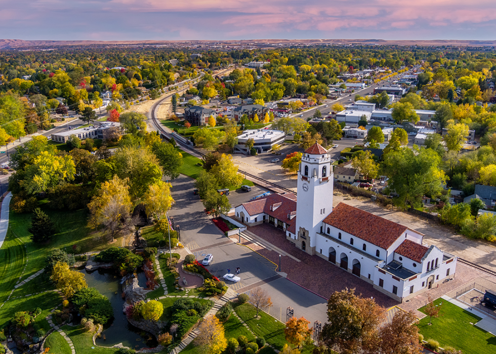 Autumn trees and train depot in Boise.