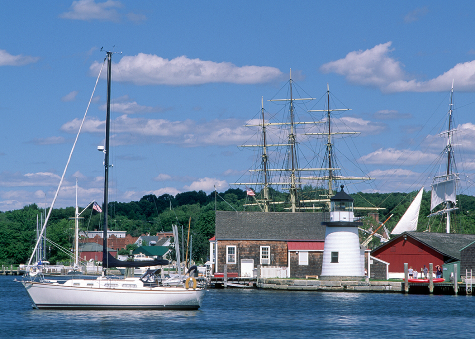 Mystic Seaport and the harbor lighthouse.