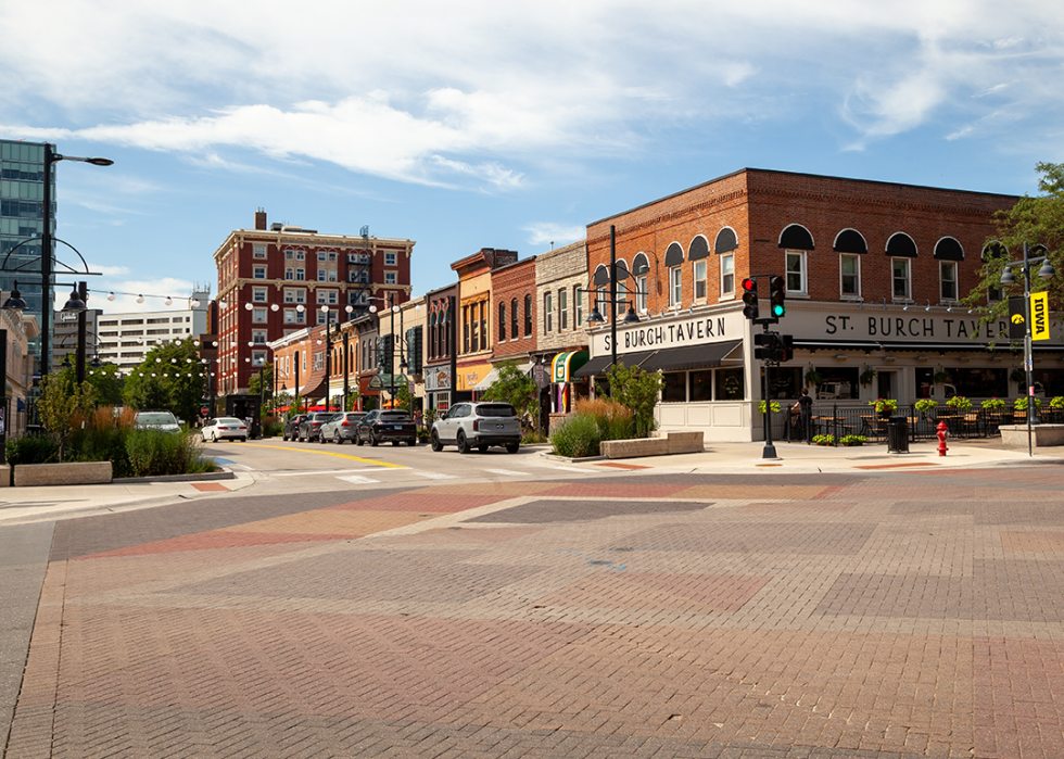 Downtown Iowa City next to the campus of the University of of Iowa.