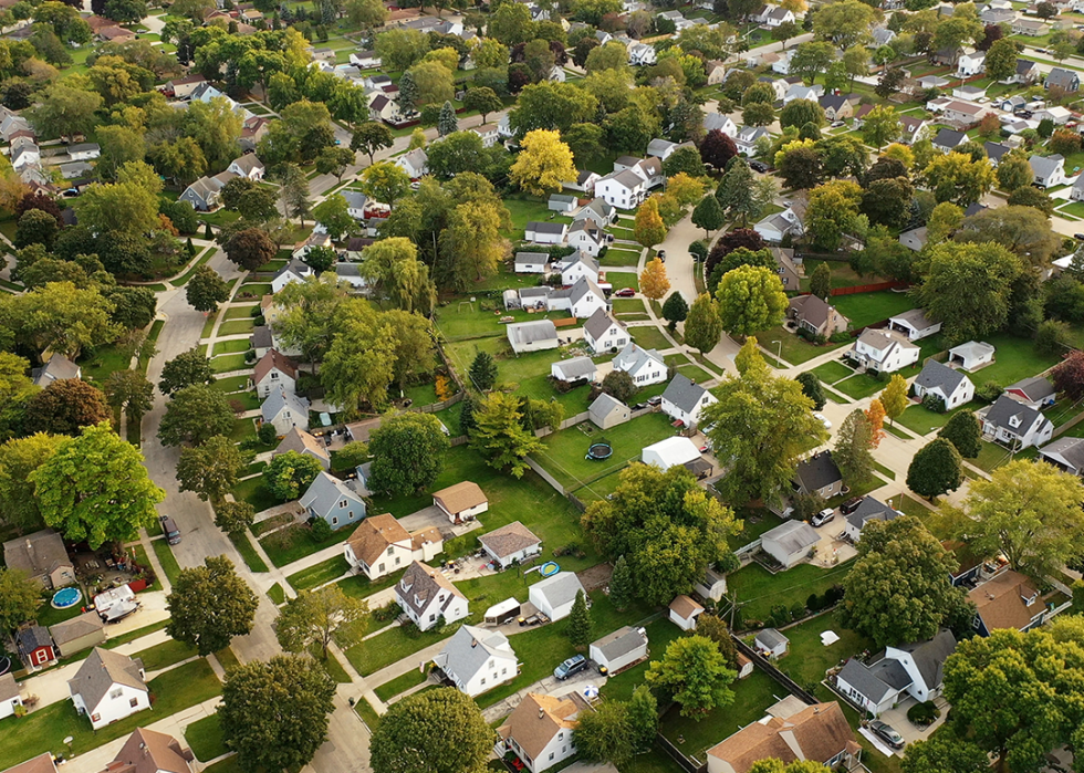Aerial drone view of suburban neighborhood.