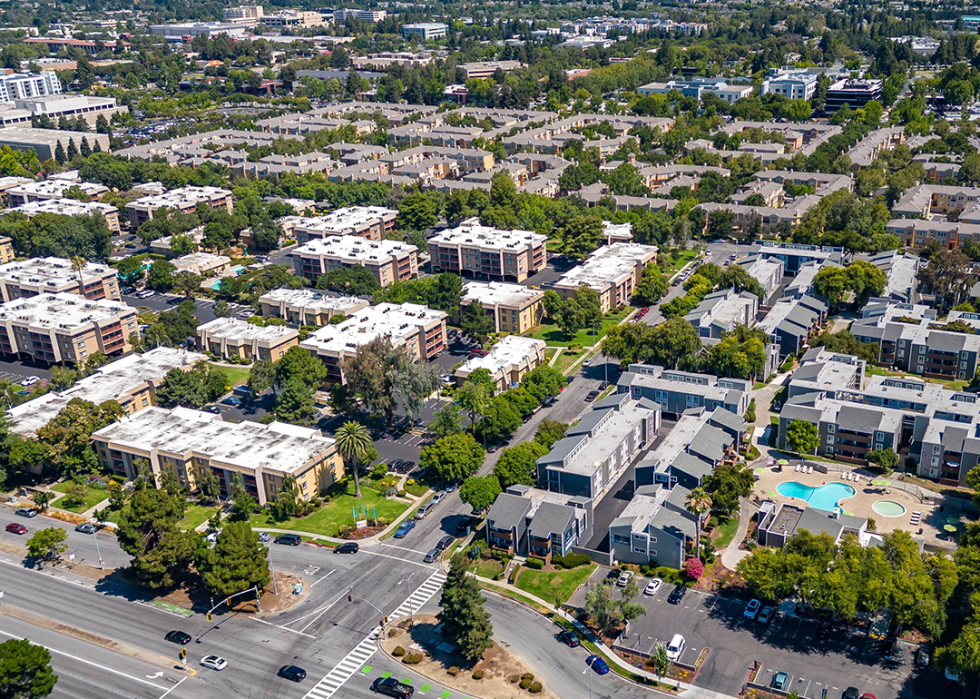 Aerial images over residential and commercial real estate in Fremont.