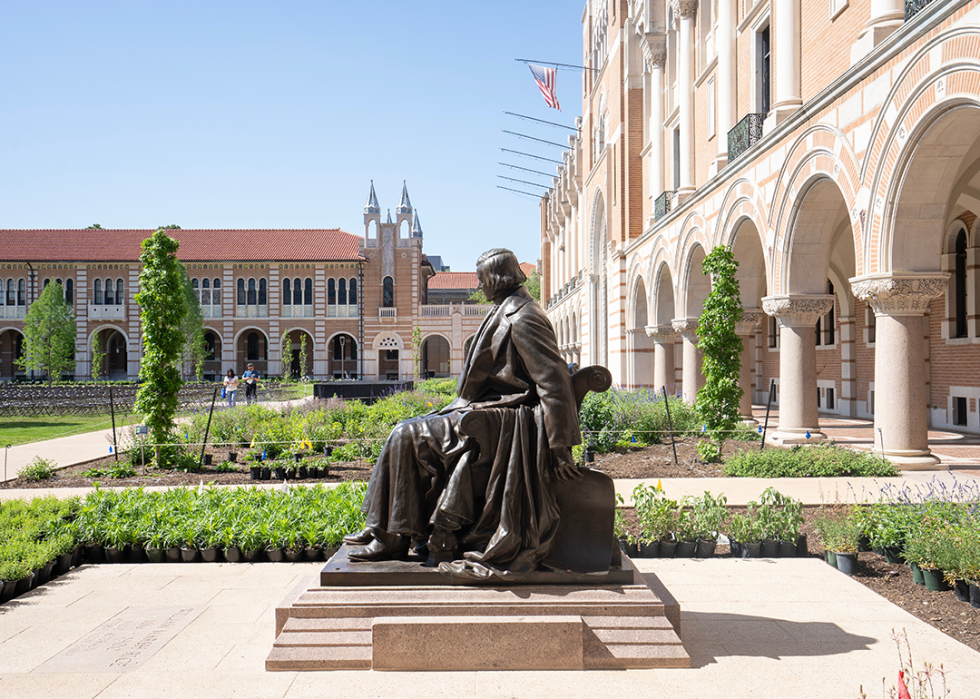 The bronze statue of William Marsh Rice in the quad at Rice University.
