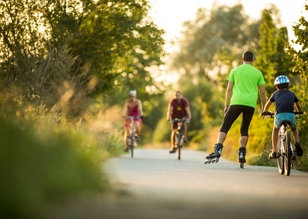 People biking and rollerblading on path.