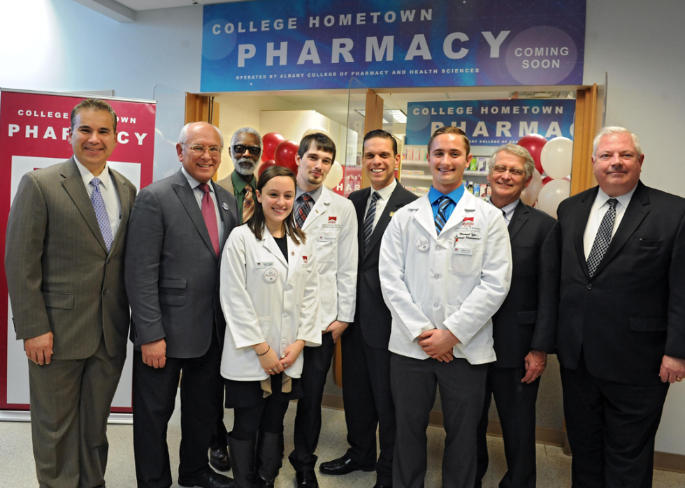 Pharmacy students pose for Albany College of Pharmacy and Health Sciences event.