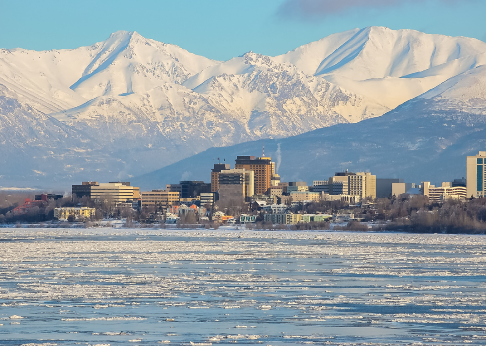 A city skyline with a frozen lake in the foreground and mountains in the background.