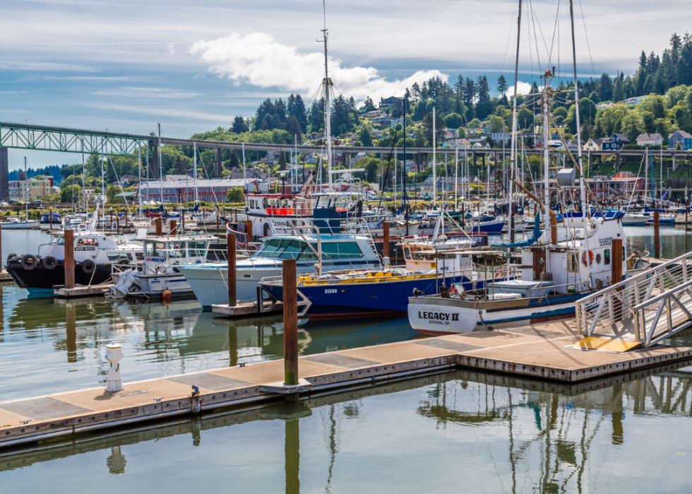 A harbor with boats docked at a dock.