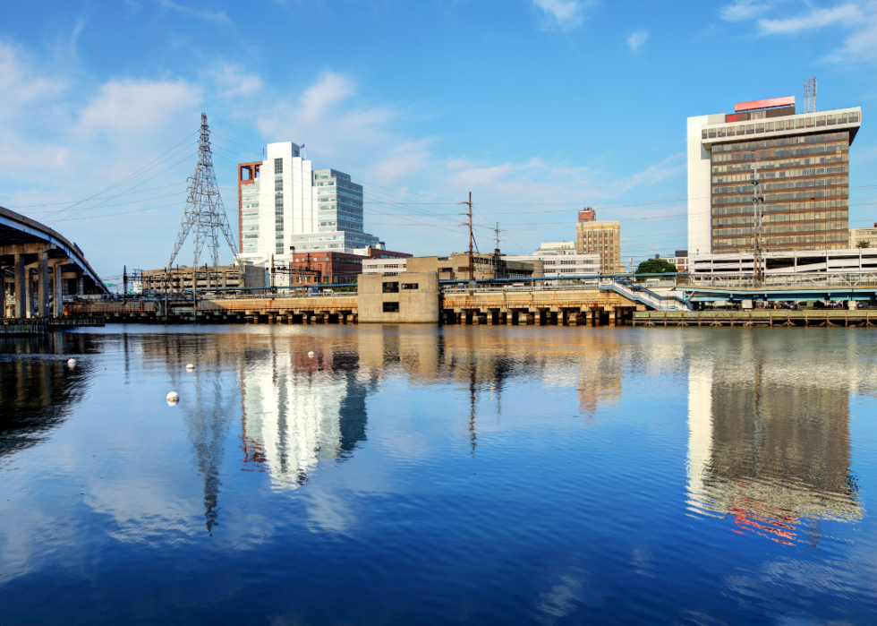 A view of a city skyline from across the water.