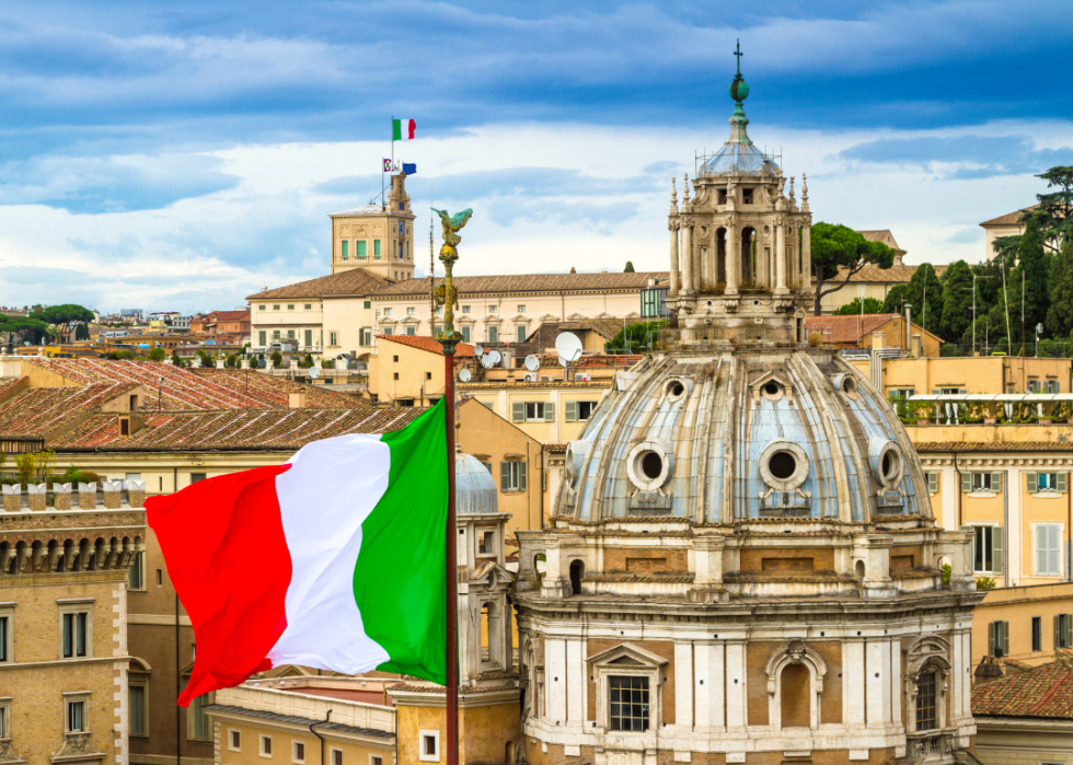 Red, white and green flag flying in front of a dome.