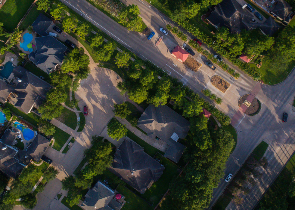 An aerial view of homes in Cinco Ranch.