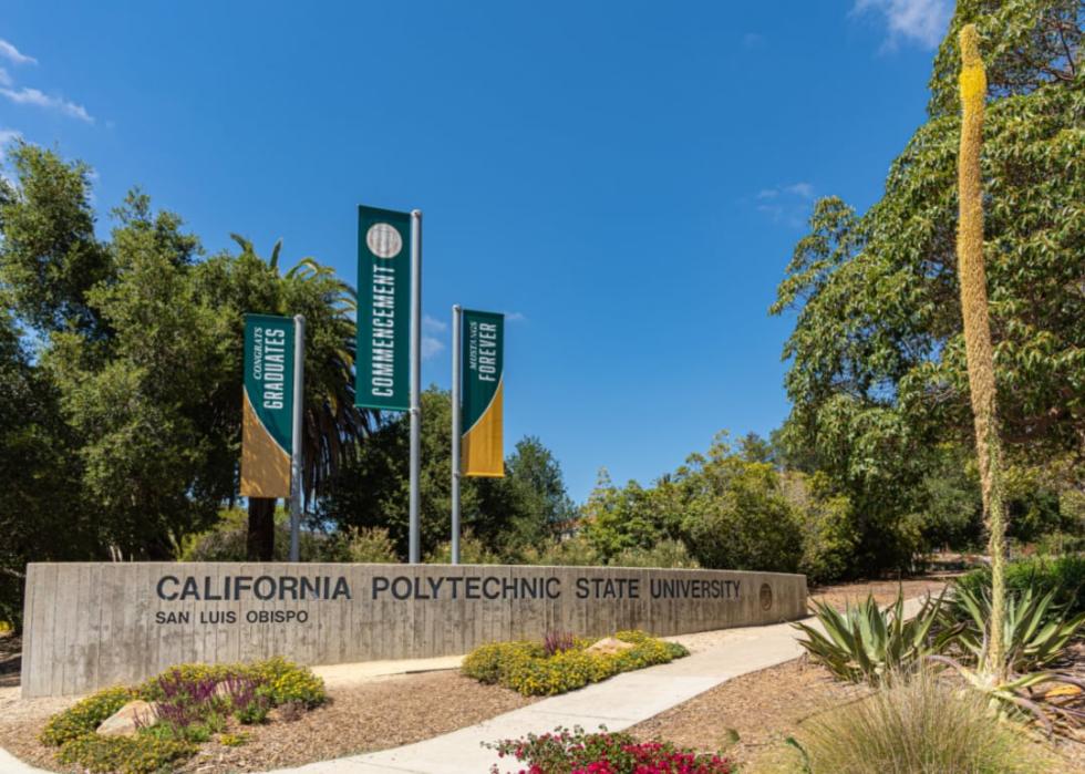 Name and banners on street at entrance to university campus under a blue sky. 