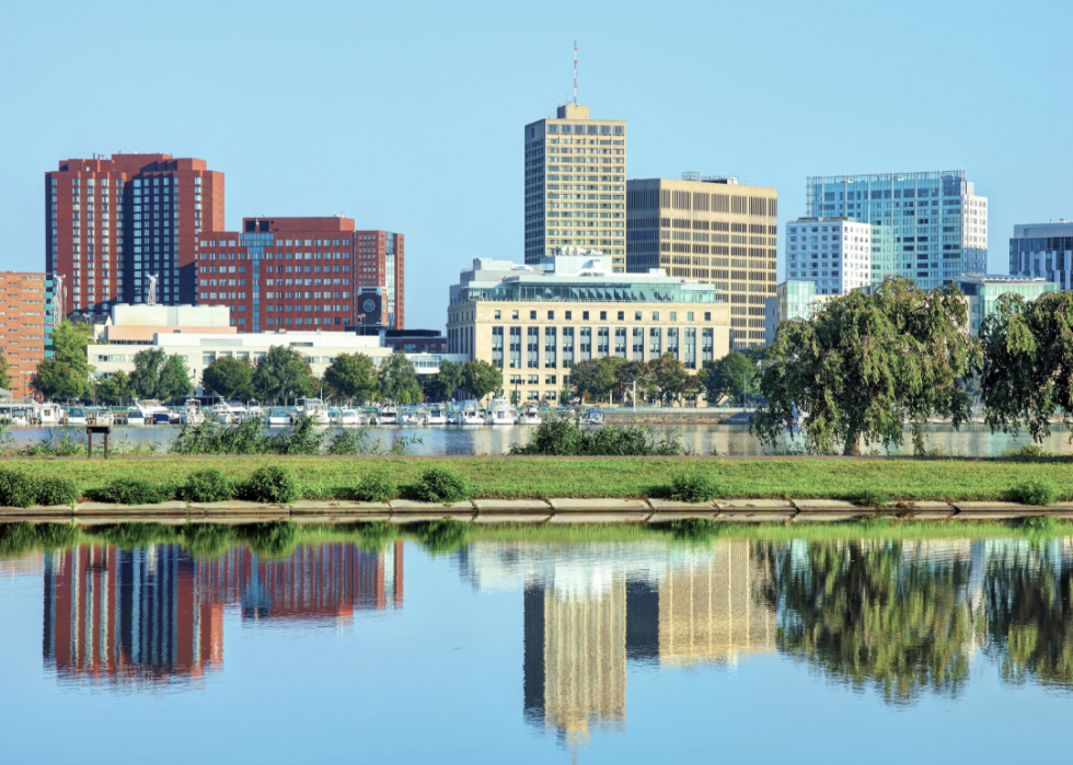 A view of the Cambridge skyline from across the water.