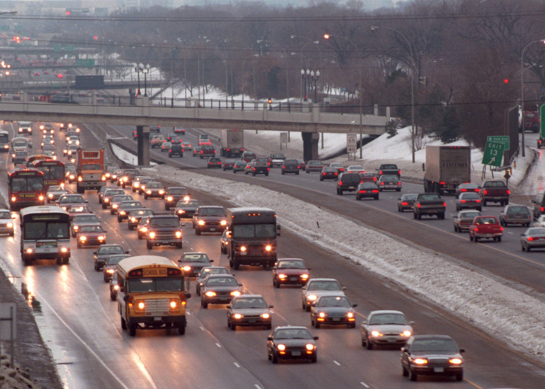 Cars stuck in traffic in 1977.
