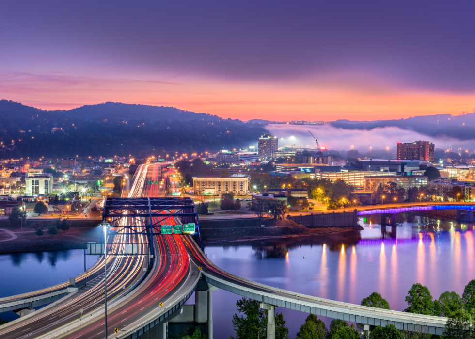 A city skyline with a bridge over a river at sunset. 